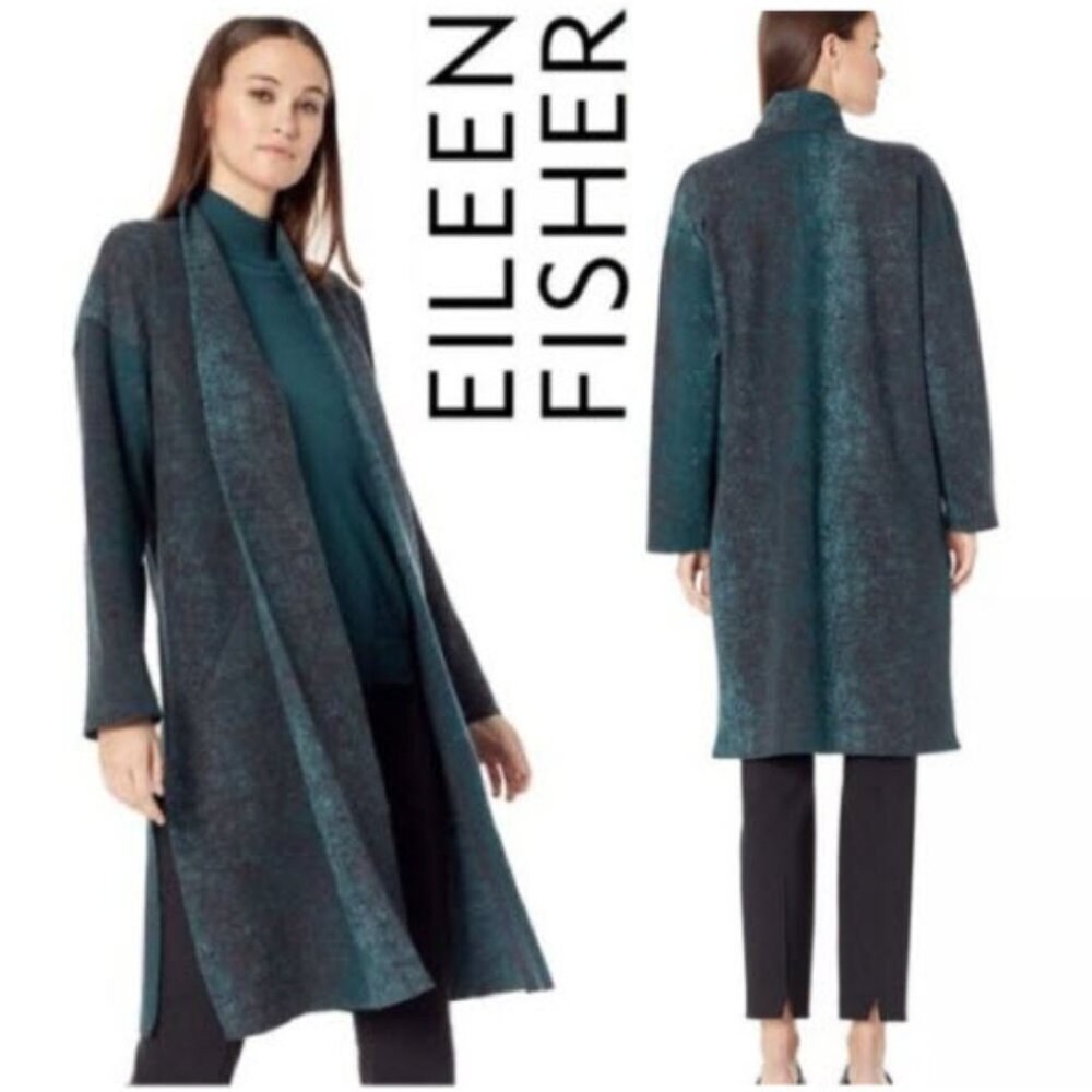 Eileen Fisher Wool Jacquard Kimono Coat Side Slits Size small medium